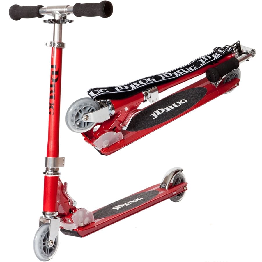 The JD Bug Original Street MS130B Foldable Kick Scooter in Red Glow Pearl features grey wheels, black foam handle grips, and prominently displays the brand logo on its deck. It's designed to be lightweight and practical for kids, showcasing a foldable design for convenience.