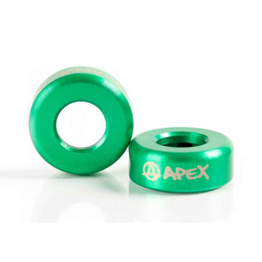 Two Apex Aluminium Scooter Bar Ends in green proudly display the "APEX" logo in white as they rest on a reflective surface. One stands upright while the other lies horizontally, highlighting their durable and precision design.