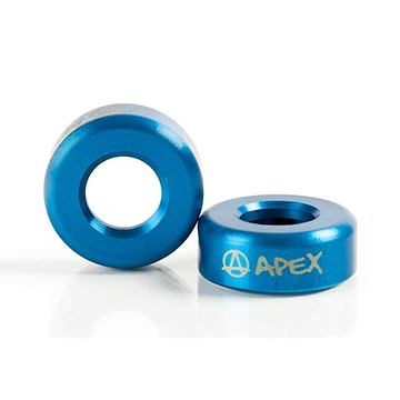 Two blue, cylindrical metal washers are featured. One is positioned upright, showcasing its hollow center, while the other is placed flat with "APEX" elegantly etched in silver. Designed as bar ends for the Apex Aluminium Scooter, they capture and reflect light, emphasizing their shiny and durable finish.