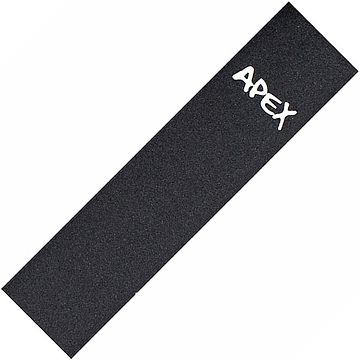 The Apex Pro Scooter Griptape - Laser Cut is a black skateboard grip tape featuring the word "APEX" in bold white letters at the top right corner. Its textured surface provides excellent traction, while the strong adhesive ensures a secure fit, making it an ideal choice for scooter griptape as well.