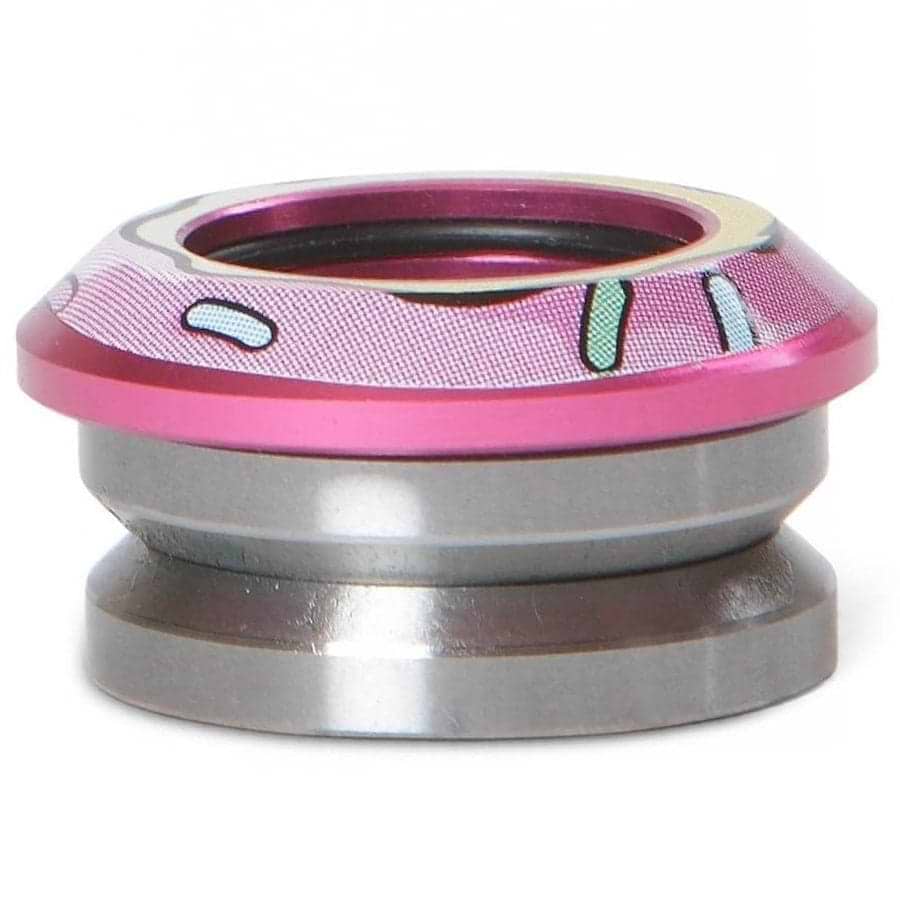 The Chubby Doughnut Integrated Stunt Scooter Headset - Pink features a smooth metallic design with a pink, patterned top section and a silver base. It includes subtle green and white accents, making it perfect for mechanical or decorative use with its sleek look and rounded edges.
