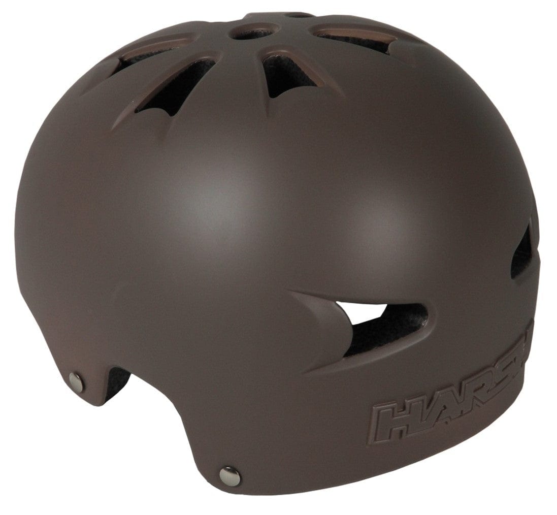 The Harsh EPS Skate/Scooter Helmet in bronze, CPSC certified for safety, offers multi-directional venting with multiple holes and proudly displays the Harsh brand name embossed on its side. This helmet's smooth, rounded design paired with metal rivets near the base for strap attachment makes it one of the most lightweight options available.