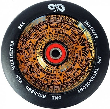 Close-up of a black skateboard wheel featuring detailed golden Mayan-inspired designs. The words "Infinity," "IPS Technology," and "Hundred Twenty Millimeter" encircle the edge. Enhanced with Semi Hollowcore technology, the red central hub is paired with ABEC 9 bearings for a smooth ride.