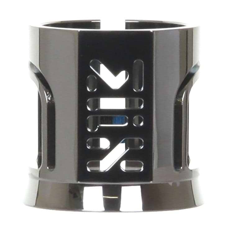 The Madd Gear MGP MFX X2 Cobra 2 Bolt Oversized Stunt Scooter Clamp in Chrome, crafted from T6 aluminium alloy with cut-out geometric designs and vertical grooves, stands upright against a white background.