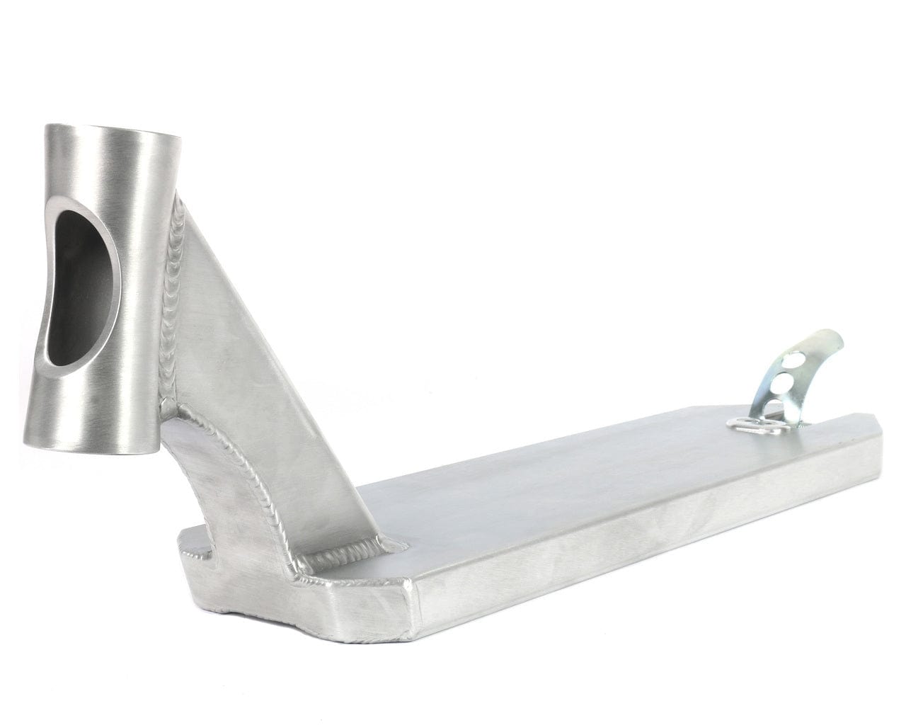 The Apex 5″ Tapered Stunt Scooter Deck - Silver 20.1″ (600mm) by Apex features a sleek silver metal design, an angled head tube, and a rear foot brake. Set against a white background, this deck is ideal for both park and street stunt scooter riding.