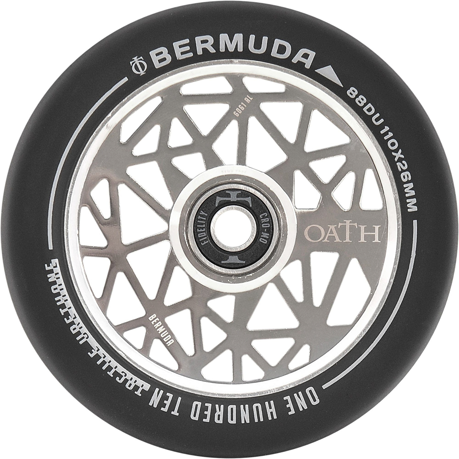 A close-up of the Neo Silver Oath Bermuda 120mm stunt scooter wheel showcases the brand "Oath" with a geometric, triangular pattern on the hub. It is equipped with high-grade Oath Fidelity bearings for excellent corrosion resistance and includes size and specification details.