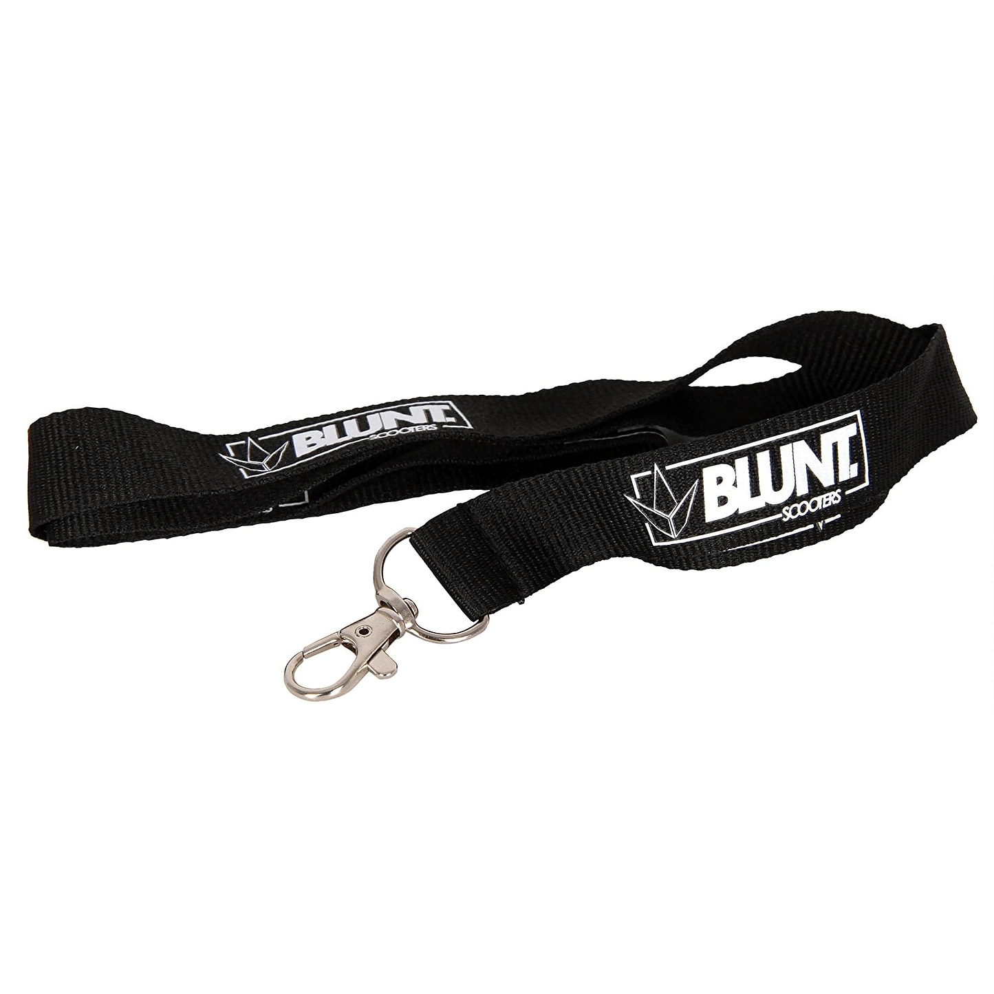 A stylish black lanyard from Blunt Envy, featuring a metal clip and the words "BLUNT SCOOTERS" prominently displayed in crisp white letters. Ideal for any Blunt Envy Scooter fan.