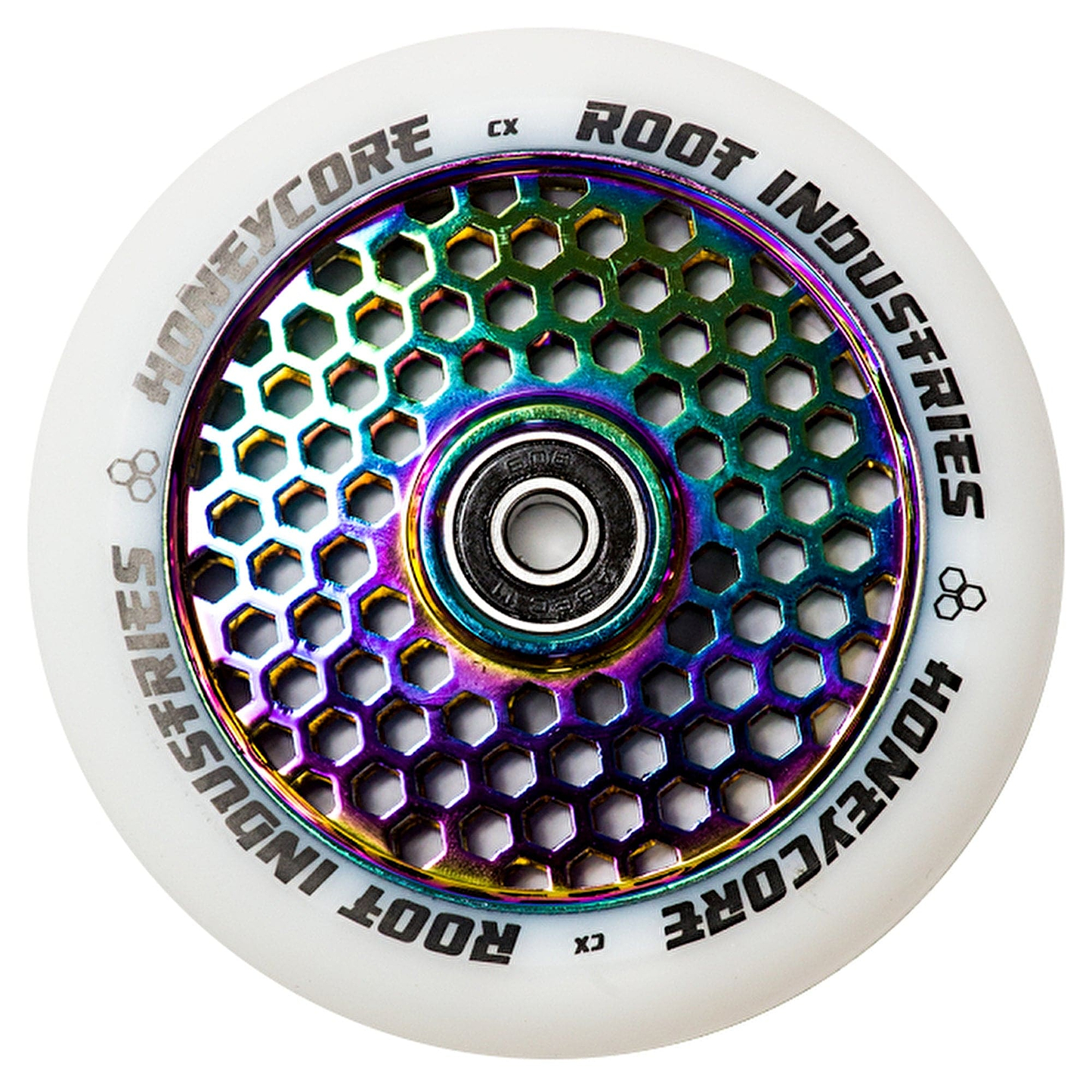 The Root Industries Honeycore 110mm Stunt Scooter Wheel features a rocket fuel neochrome honeycomb metal core and premium bearings, surrounded by a white outer rim. The branding "Root Industries" and "Honeycore Wheels" is displayed prominently in bold black letters.