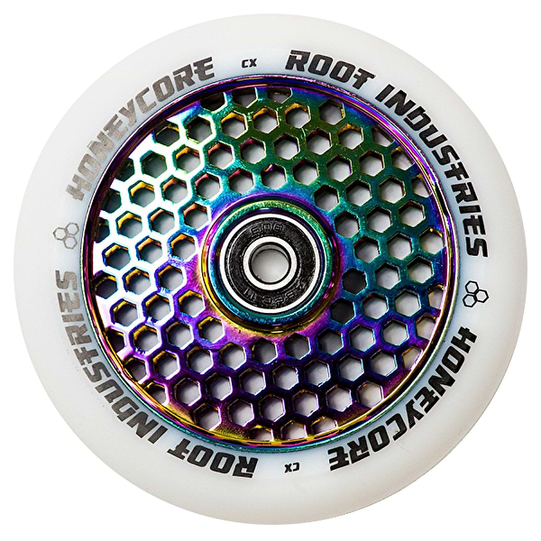 The Root Industries Honeycore 110mm Stunt Scooter Wheel features a rocket fuel neochrome honeycomb metal core and premium bearings, surrounded by a white outer rim. The branding "Root Industries" and "Honeycore Wheels" is displayed prominently in bold black letters.