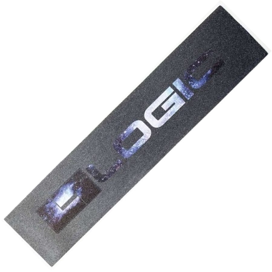 Introducing the Logic V2 Stunt Scooter Griptape - Galaxy: a stylish black and silver griptape from Logic, featuring bold "LOGIC" lettering in a cosmic pattern reminiscent of the galaxy. This high-grade scooter griptape provides an ultra-grippy finish for superior control and flair.