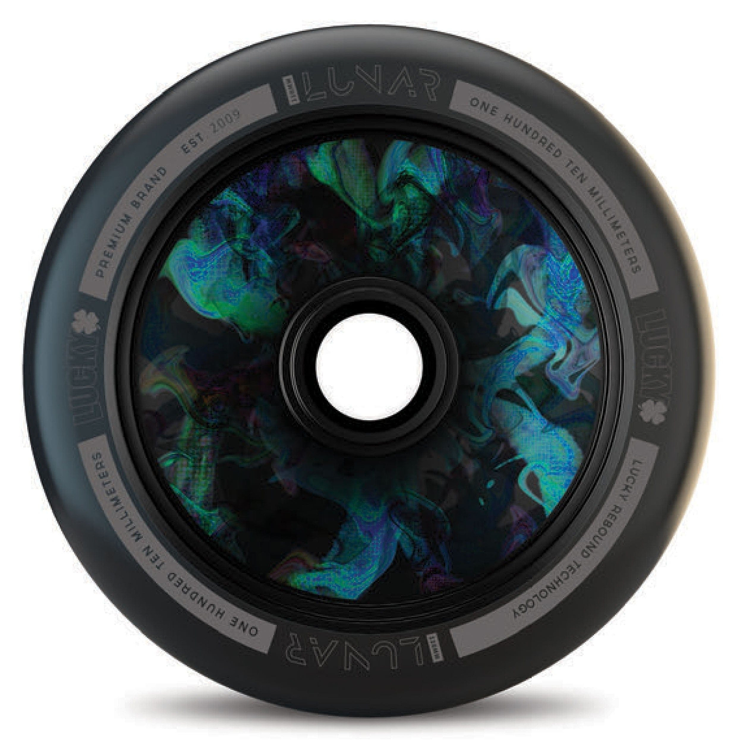 A Lucky Lunar 110mm Stunt Scooter Wheel in the Supernova design, offering a smooth ride with Lucky Rebound Technology™.