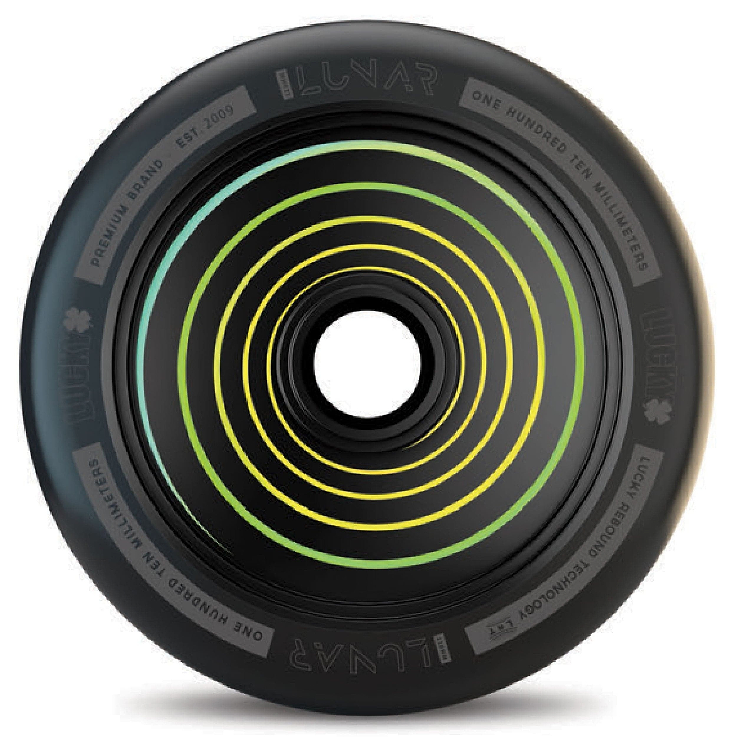 The Lucky Lunar 110mm Stunt Scooter Wheel - Hypnotic from Lucky features a sleek black design embellished with vibrant yellow and green circles, made from high-performance urethane to deliver lightweight wheels that transform smooth riding.