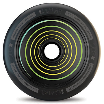 The Lucky Lunar 110mm Stunt Scooter Wheel - Hypnotic from Lucky features a sleek black design embellished with vibrant yellow and green circles, made from high-performance urethane to deliver lightweight wheels that transform smooth riding.