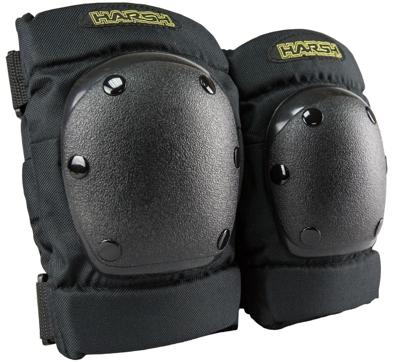 The "Harsh Attitude Knee / Elbow Combo Skate Protection Pad Set - Black" features knee pads with hard shell caps and adjustable straps, highlighted by the "Harsh" logo in yellow. This action sports gear is ideal protective equipment for youth engaging in activities like skateboarding or biking.