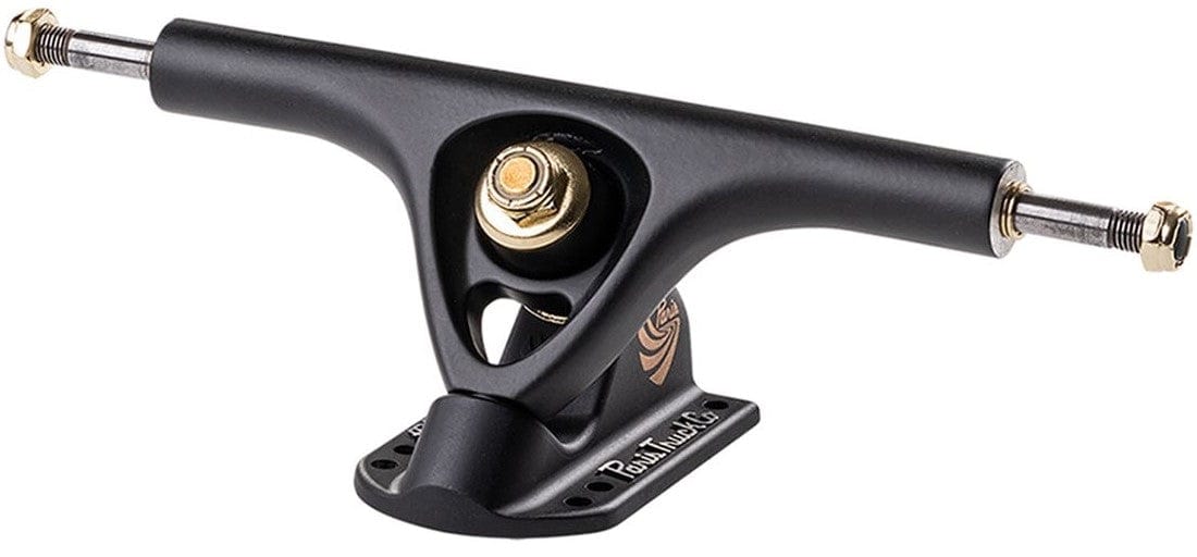 The Paris V3 Matt Black Longboard Trucks (Pair) - 180mm from Paris feature a black truck with a gold-tone nut and bolt assembly and an engraved logo. Designed for attaching to a skateboard deck, these trucks offer the strength and durability characteristic of Paris V3 Longboard Trucks, along with a sleek finish.