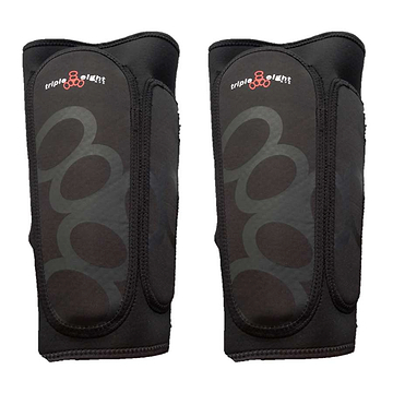 The Triple 8 ExoSkin Shin & Whip Skate Protection Guards in black feature a neoprene body and a stylized number "8" logo. These sleek, curved guards provide protective cushioning for skating or other outdoor activities.