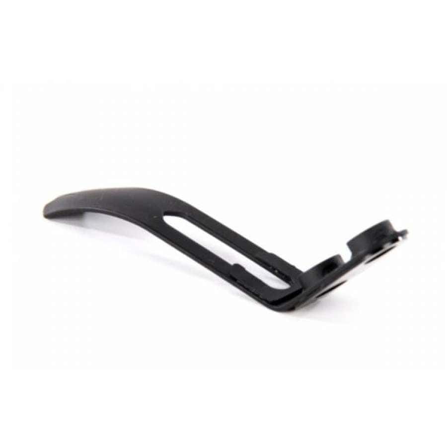 A close-up of the Ethic DTC Bolt On Stunt Scooter Brake in black showcases a curved plastic bracket with a cut-out design, specifically crafted by Ethic for supporting stunt scooters. The bracket's smooth finish, reminiscent of steel, gives it a lightweight appearance against the white background.
