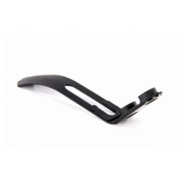 A close-up of the Ethic DTC Bolt On Stunt Scooter Brake in black showcases a curved plastic bracket with a cut-out design, specifically crafted by Ethic for supporting stunt scooters. The bracket's smooth finish, reminiscent of steel, gives it a lightweight appearance against the white background.