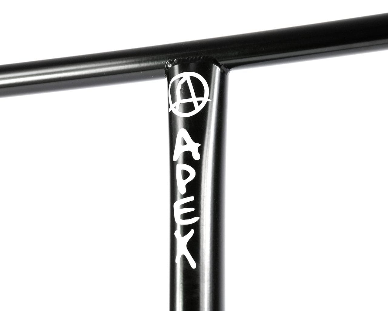 Close-up of a black handlebar featuring "APEX" and an abstract logo in white. These T-shaped bars, crafted from robust 4130 Chromoly Steel, have a glossy finish and are perfect for the Apex XXL Steel Oversized SCS Stunt Scooter T-Bars - Black 730mm x 660mm.
