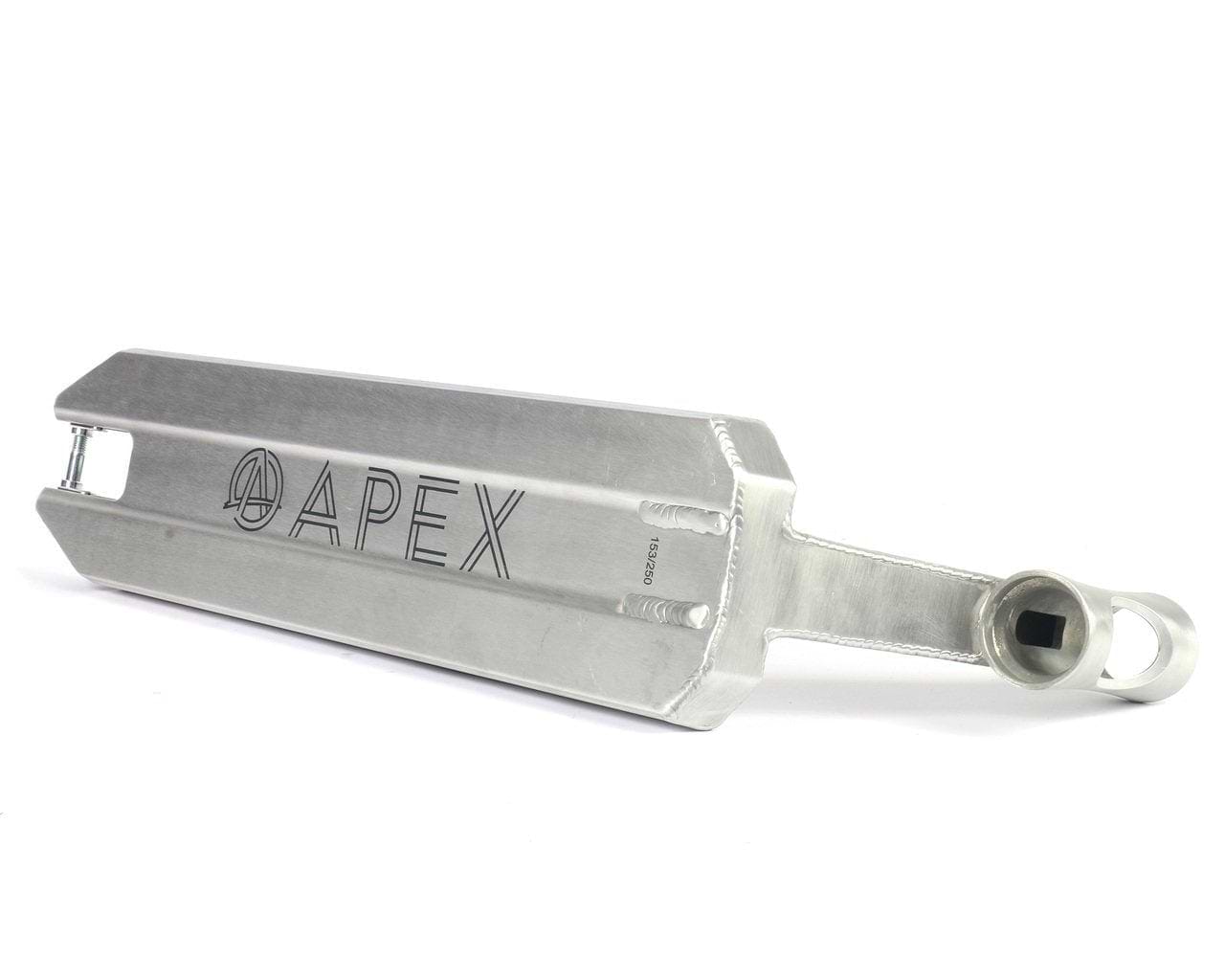 The Apex Pro Raw Silver Tapered Stunt Scooter Deck, measuring 5" x 19.3", is a robust piece with "APEX" branding and a unique angular design, complete with wheel mounting areas and a handle connection point.