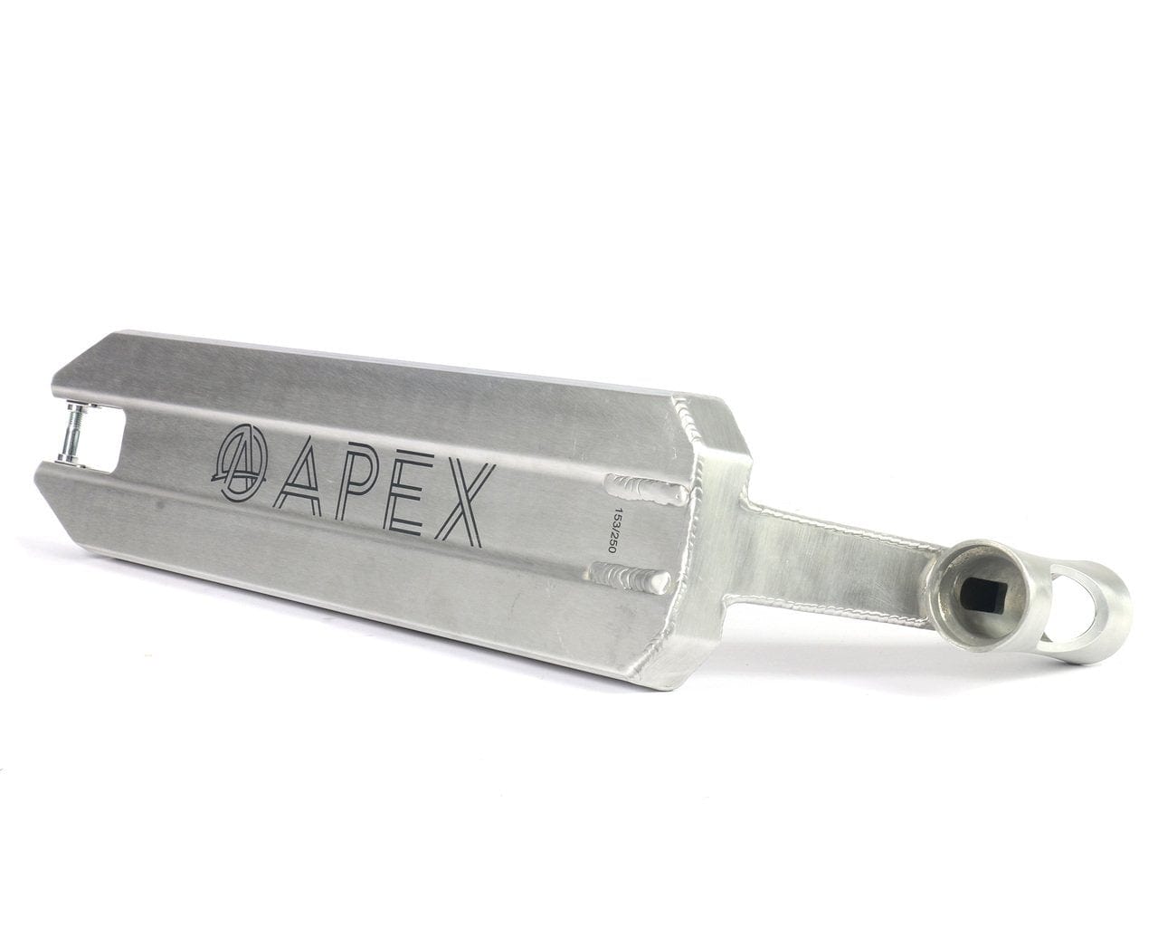 The Apex 5″ Tapered Stunt Scooter Deck - Silver 20.1″ (600mm) by Apex features a silver metal finish, angular sides, a rectangular cutout at one end, and a circular section at the other for attaching handlebars—designed as a versatile stunt scooter deck ideal for both park and street riding.