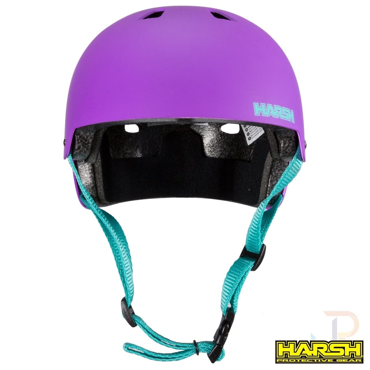 The Harsh ABS Skate / Scooter Helmet in purple ensures safety and style for skating or biking. It features a teal adjustable chin strap and displays the "Harsh" logo in white on the side and in yellow on the bottom-right corner of the image. Constructed from impact-absorbing ABS material, this helmet is designed to protect with flair.