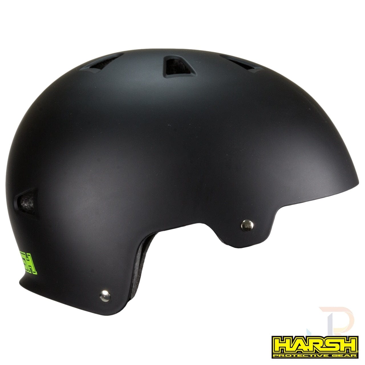 The Harsh ABS Skate / Scooter Helmet in Matt Black features a smooth matte finish, ventilation holes on the top, and a prominent Harsh logo sticker on the lower side. Engineered with high-impact absorbing technology, this helmet is ideal for ensuring safety during activities such as skateboarding, biking, and scooter riding.