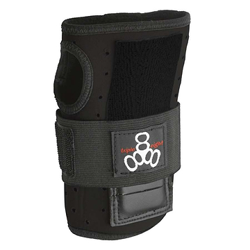 The Triple 8 Wristsaver Roller Derby Protection Wrist Guards in black feature gray padding and a Velcro strap, adorned with a logo of three white circles and the text "triple eight" in red. These wrist guards provide unmatched protection with reinforced double-stitching, perfect for activities such as skateboarding or roller derby.