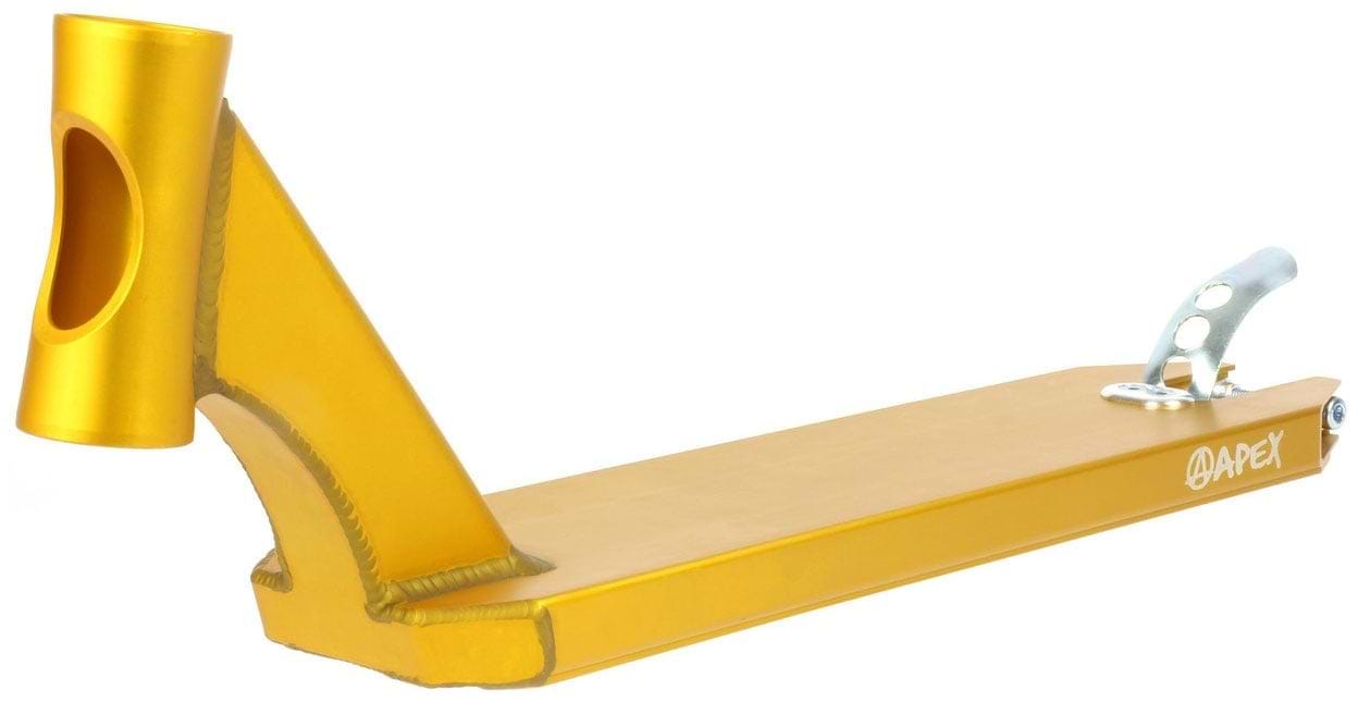 Introducing the Apex Pro Gold Stunt Scooter Deck, a remarkable creation from Apex, crafted with Australian-made 6082 aluminum. Recognized as the world's best scooter deck, it boasts a welded headtube and an eye-catching cut-out design. Its golden finish is beautifully enhanced by a silver brake, while the iconic "Apex" logo adorns its side.
