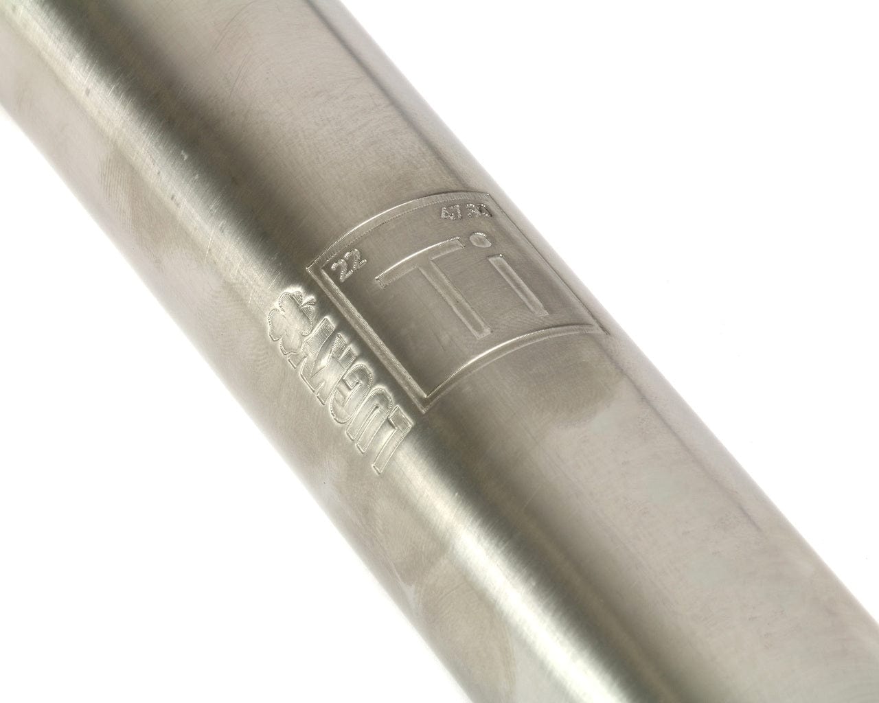 Close-up of the Lucky Paradigm Kink Titanium Oversized SCS Stunt Scooter Bars in Chrome (660mm x 660mm), featuring an engraved symbol for titanium, atomic number 22, and weight 47.9. The metallic surface showcases a polished finish with visible reflections, reminiscent of NASA-grade titanium's premium quality.