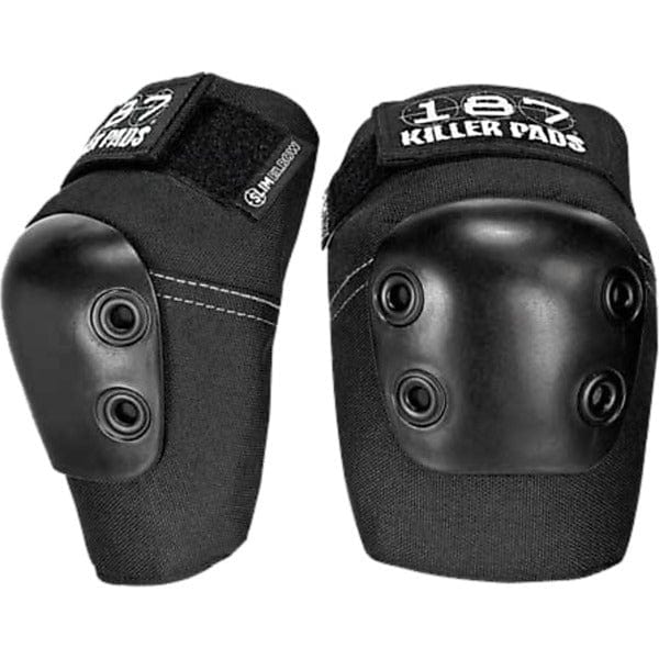 The 187 Killer Elbow Skate Protection Pads in black offer reliable protection for athletic performance with their hard plastic protective caps and adjustable straps. Featuring two metal rivets on each cap and visible 187 branding on the top strap, they're designed to shield you during activities like skating.