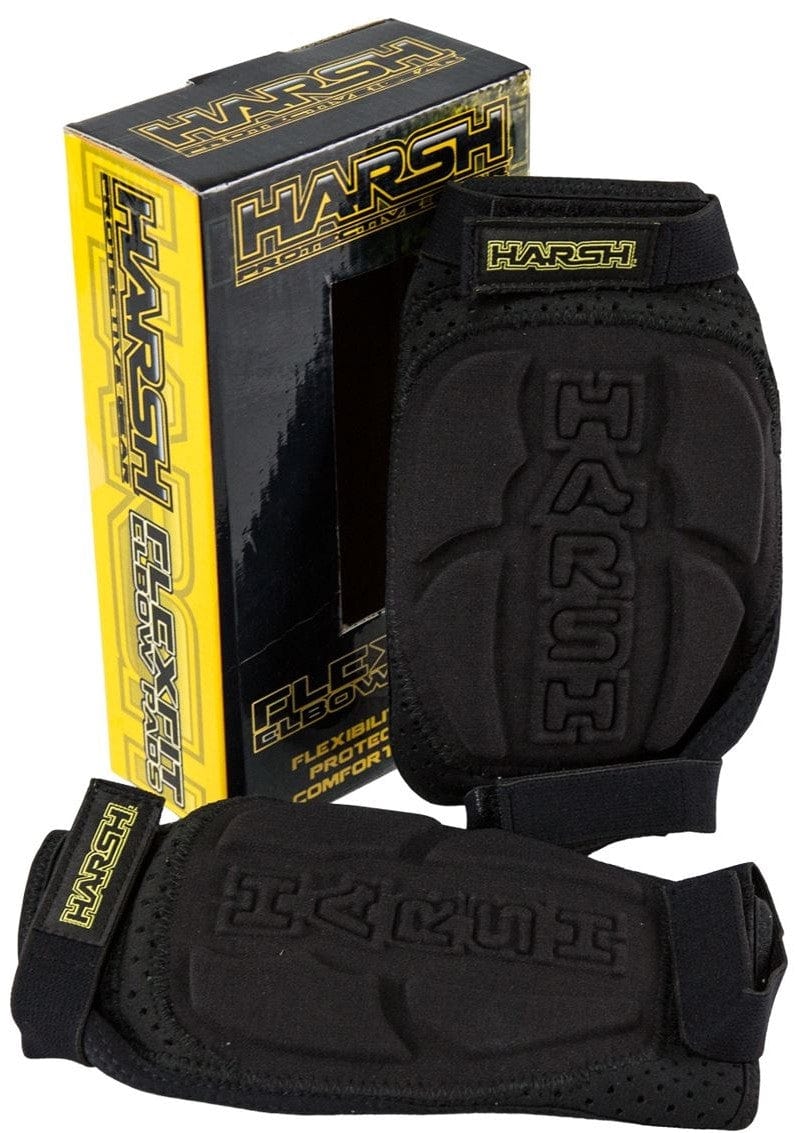 Beside a yellow and black box labeled "Harsh Pro FlexFit Elbow Gasket Skate Protection Pad - Black," there sits a pair of elbow pads branded by Harsh. Designed for comfort and protection, these pads feature multi-point padding and adjustable straps.