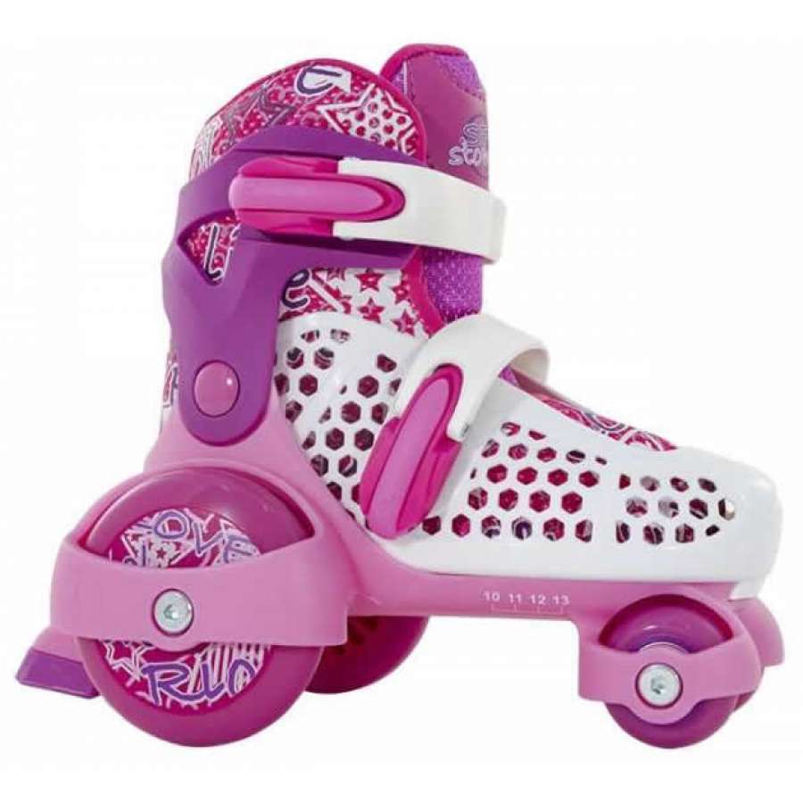 Introducing the SFR Stomper Adjustable Quad Roller Skates - Pink, offering a delightful design for children. These skates feature a vibrant pink and purple theme with white mesh details and decorative patterns. They come equipped with a size-adjuster system, adjustable straps, and stabilizers that include two large rear wheels to ensure both style and stability.