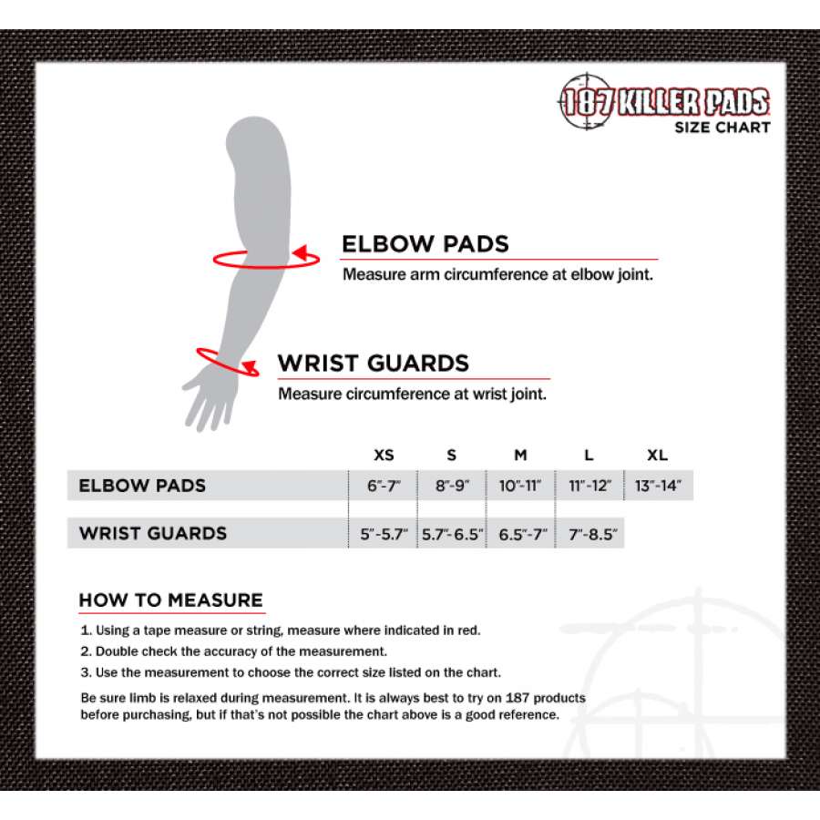 A size chart for the 187 Killer Elbow Skate Protection Pads - Black provides reliable protection by offering measurements in inches for both elbow pads (sizes S to XL) and wrist guards (sizes S to L). It includes guidance on measuring arm and wrist circumferences to ensure optimal athletic performance.
