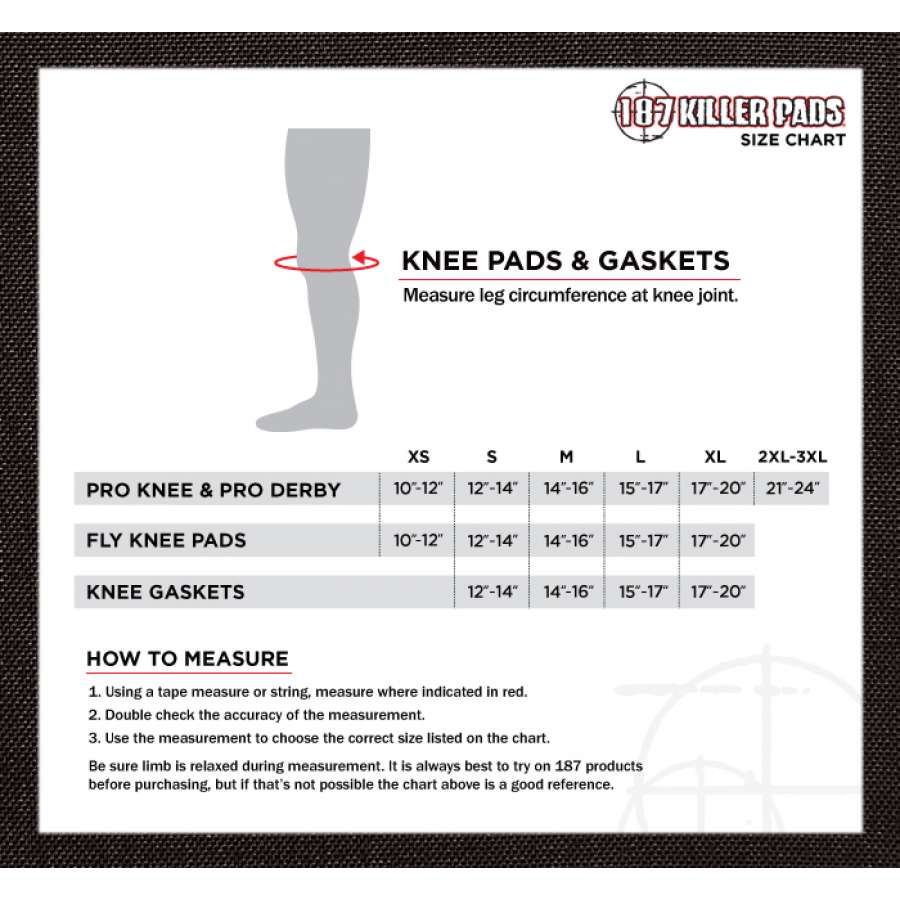 The sizing chart for the 187 Killer Knee Gasket Skate Protection Pads by 187 details leg circumference measurements for sizes XS to 2XL-3XL. It highlights neoprene knee protection and ergonomic design, featuring Pro Knee, Pro Derby, Fly Knee Pads as well as instructions on how to measure.