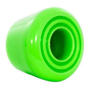 A close-up view of the brightly-colored Rio Roller Toe Stops in green, showcasing their smooth surface and craftsmanship reminiscent of skate models. The toe stop is shown from the side, accentuating its cylindrical shape and hollow center.