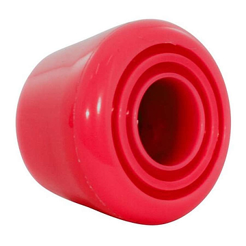 A close-up view of the Rio Roller Toe Stops - Red, showcasing their cylindrical shape with an open end that resembles a stylized suction device or stopper. The smooth, shiny surface from Rio Roller reflects light, highlighting its texture and form.