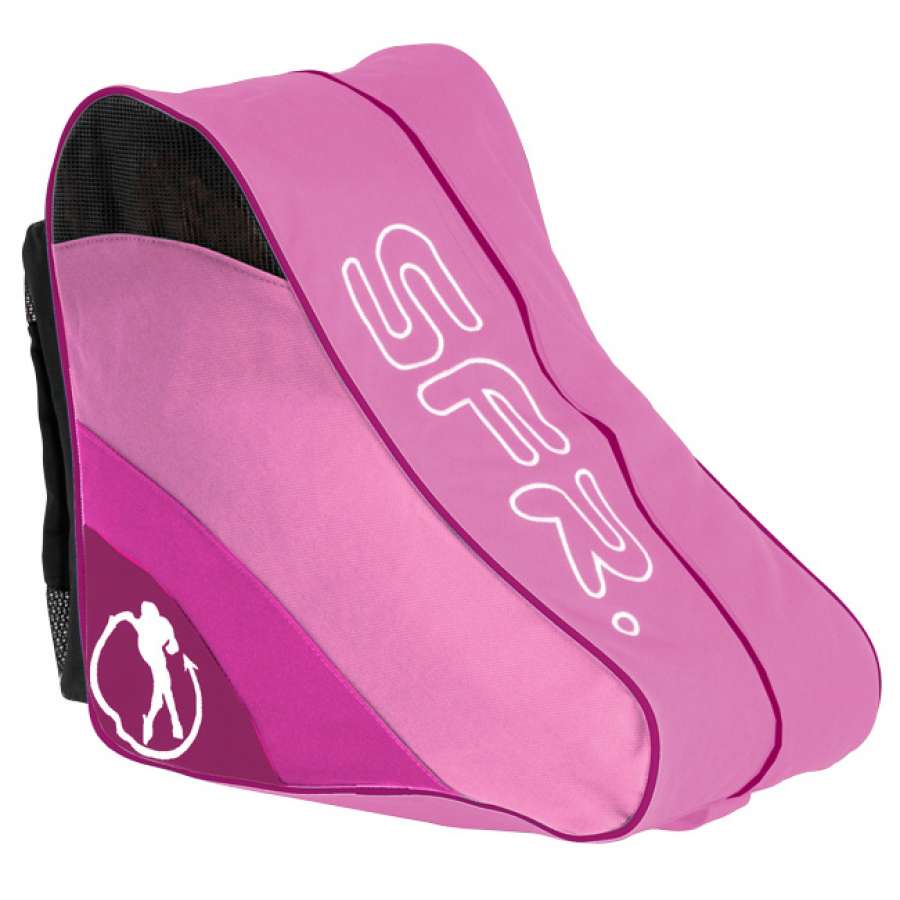 Introducing the SFR Ice & Skate Bag II in pink, featuring the "SFR" logo printed in white on the side. This water-resistant bag includes a black mesh section and a purple accent adorned with a white silhouette of an inline skater. It also comes with an adjustable shoulder strap for convenient carrying.