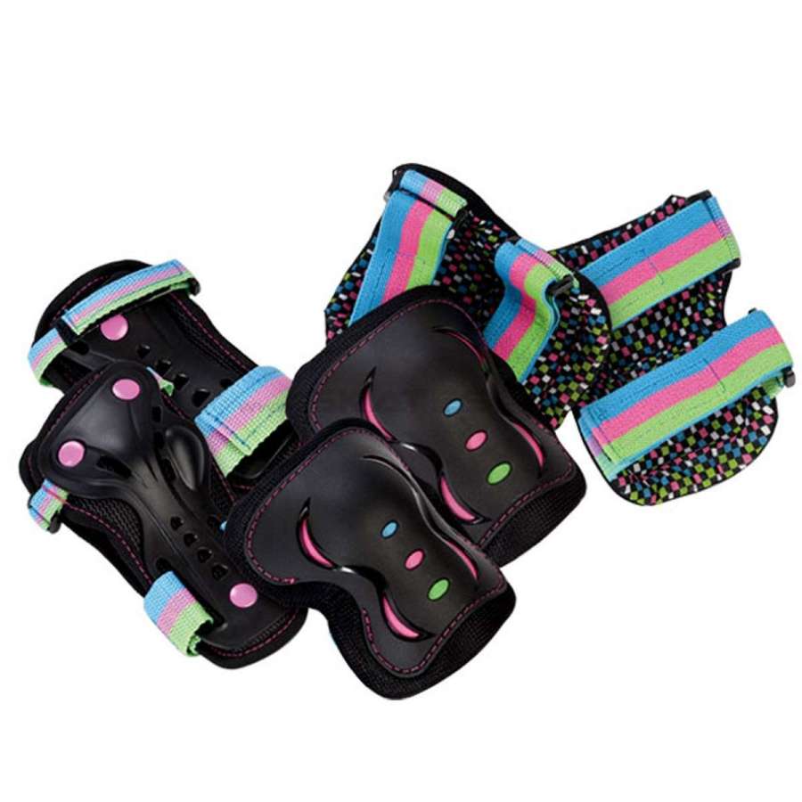 Introducing the SFR Essentials Junior Triple Skate Protection Pad Set in Disco Black: a vibrant protective set for younger riders. It features colorful kneepads, elbow pads, and wrist guards with multicolored straps and impact caps, designed to keep kids safe while skating or participating in similar activities.