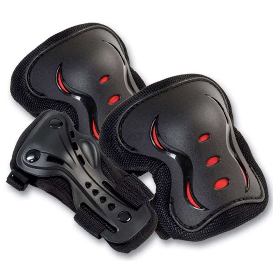 Introducing the SFR Essentials Junior Triple Skate Protection Pad Set in Black: featuring a pair of black and red protective knee pads with impact caps and a sleek wrist guard. Designed with curved elements and perforations for breathability, this entry-level protection offers comfort and safety for young enthusiasts.