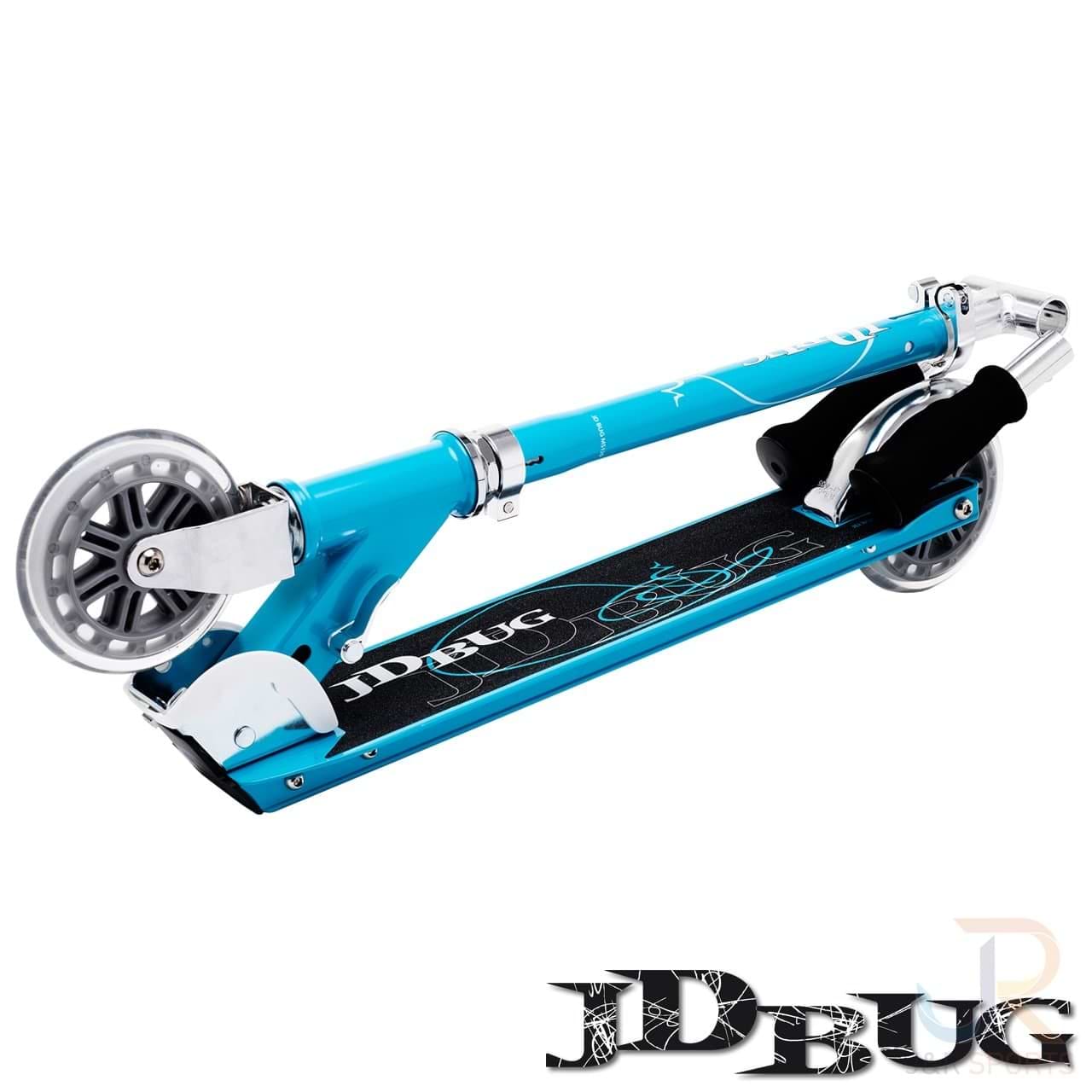 The JD Bug Classic Street 120 Kids Foldable Kick Scooter in Sky Blue features silver handlebars, a black foot deck, and transparent wheels. The lightweight design displays the brand logo and is set against a white background.
