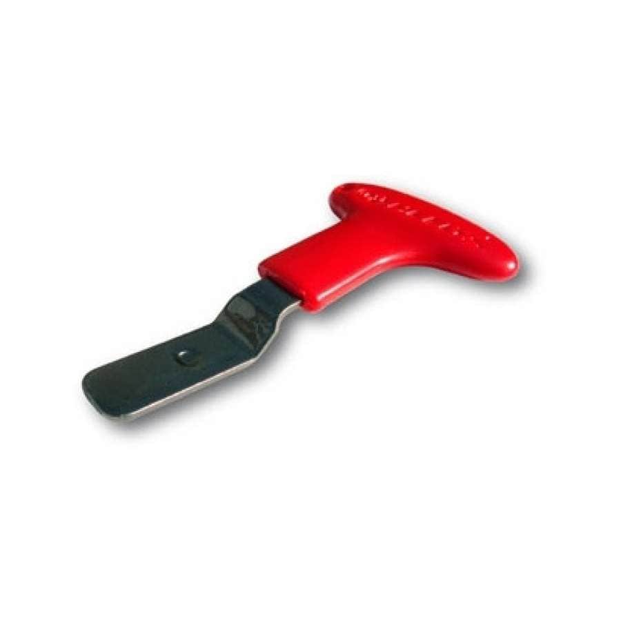 The Heelys Wheel Removal Tool, featuring a red handle with a T-shaped grip for easy handling and a flat, metal blade with a straight edge, is perfect for opening boxes or cans. It also includes a convenient hole near the end. This tool is as essential to your toolbox as wheels are to Heelys.