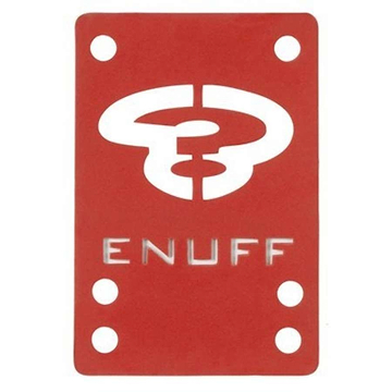The Enuff Skateboard Shock Pads in red feature a white stylized looped logo with the word "ENUFF" beneath. They have four mounting holes on each side, providing a comfortable ride and ensuring smoother and more controlled skating.