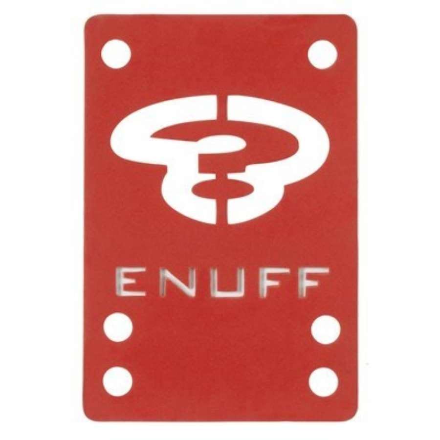 The Enuff Skateboard Shock Pads in red feature a white stylized looped logo with the word "ENUFF" beneath. They have four mounting holes on each side, providing a comfortable ride and ensuring smoother and more controlled skating.