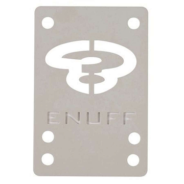 The Enuff Skateboard Shock Pads (Pair) - White showcases a stylized logo cut out in the center. Designed by the brand Enuff, these skateboard riser pads come with four corner holes for mounting, helping to reduce shock and provide a more comfortable ride.