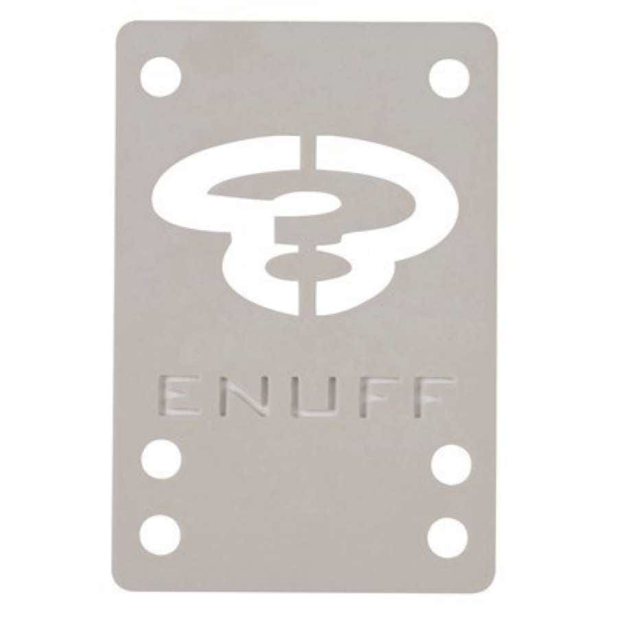 The Enuff Skateboard Shock Pads (Pair) - White showcases a stylized logo cut out in the center. Designed by the brand Enuff, these skateboard riser pads come with four corner holes for mounting, helping to reduce shock and provide a more comfortable ride.
