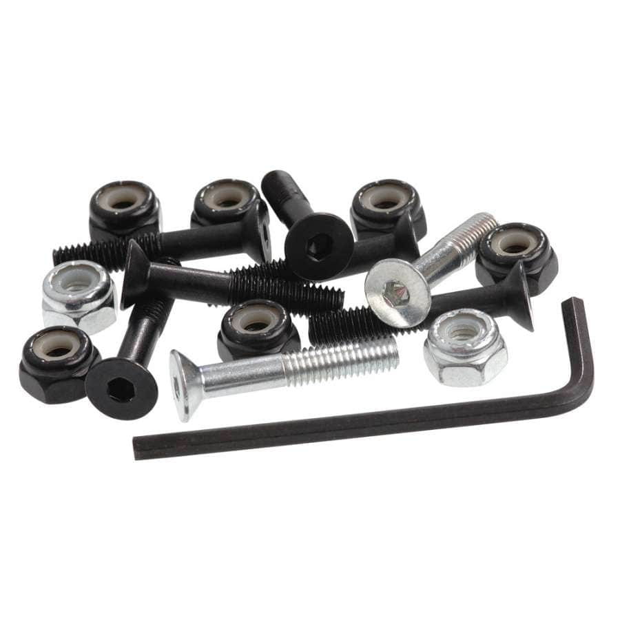 The Enuff Allen Key Skateboard Truck Bolts, measuring 1.25 inches and available in black, include a variety of screws, nuts, and an L-shaped hex key that are essential for any custom skateboard setup. These components are randomly arranged on a white background.
