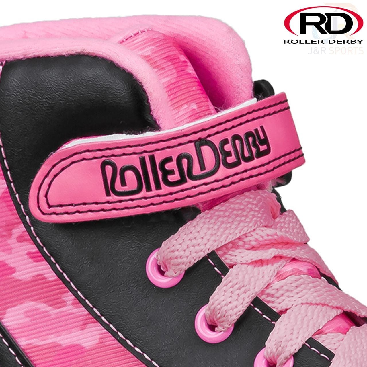Close-up of a pink camo quad skate with a strap labeled "Roller Derby" in pink letters. The Roller Derby Firestar V2 Quad Roller Skates feature pink laces and stitching, emphasizing their durable polyurethane wheels. The "RD Roller Derby" logo is visible in the top right corner.