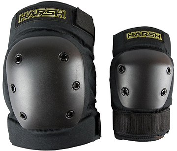 The Harsh Pro Park Knee / Elbow Combo Skate Protection Pad Set in Black offers impact-resistant knee and elbow pads. They feature hard plastic caps with ventilation holes, thick padding, adjustable straps, and the brand name "Harsh" is elegantly displayed in yellow letters on each pad.
