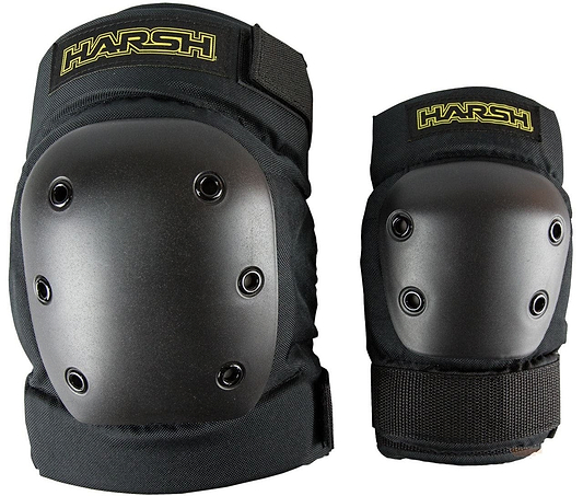 The Harsh Pro Park Knee / Elbow Combo Skate Protection Pad Set in Black offers impact-resistant knee and elbow pads. They feature hard plastic caps with ventilation holes, thick padding, adjustable straps, and the brand name "Harsh" is elegantly displayed in yellow letters on each pad.